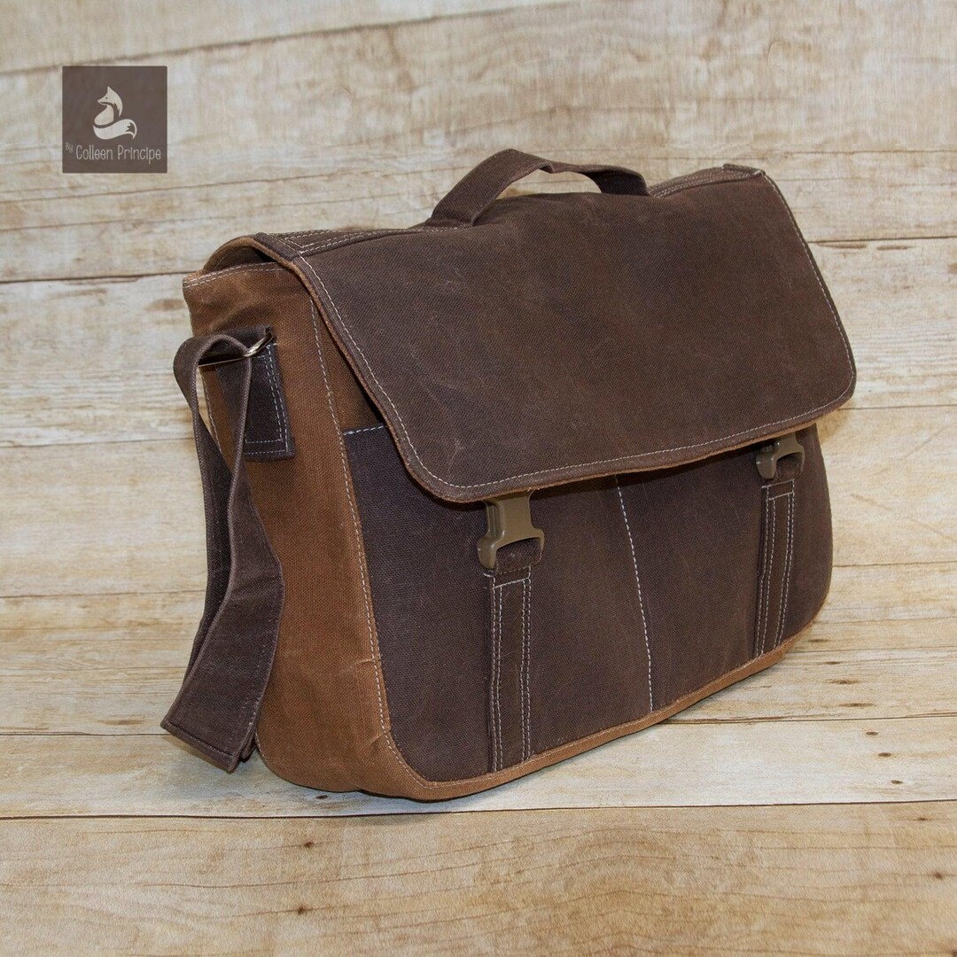 Crossbody waxed canvas messenger bag men, vegan leather, Womens Workbag, Unisex computer bag for laptops, minimalist bag, back to school MakerPlace